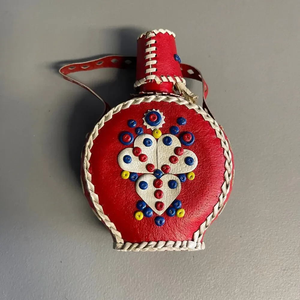 Vintage Genuine Leather Handmade Tribal Red Covered Glass Bottle Canteen Flask